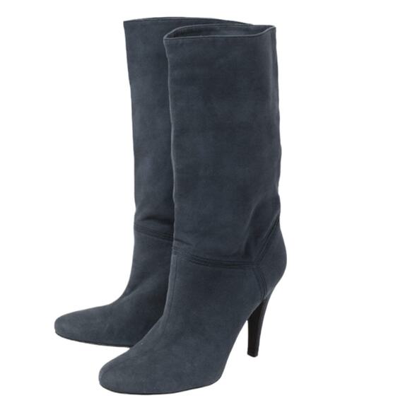 Stella McCartney Boots Blue Vegan Suede Leather Heeled Slouchy Mid Calf Size 7.5 - Picture 1 of 10